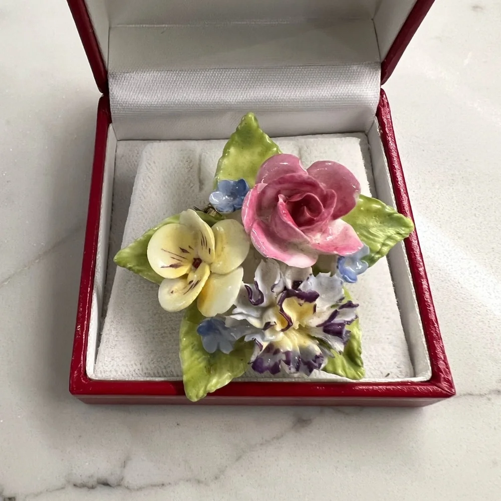Royal Adderley Floral Bone China Brooch Pin And Earrings Jewelry Made in England - Picture 2 of 10
